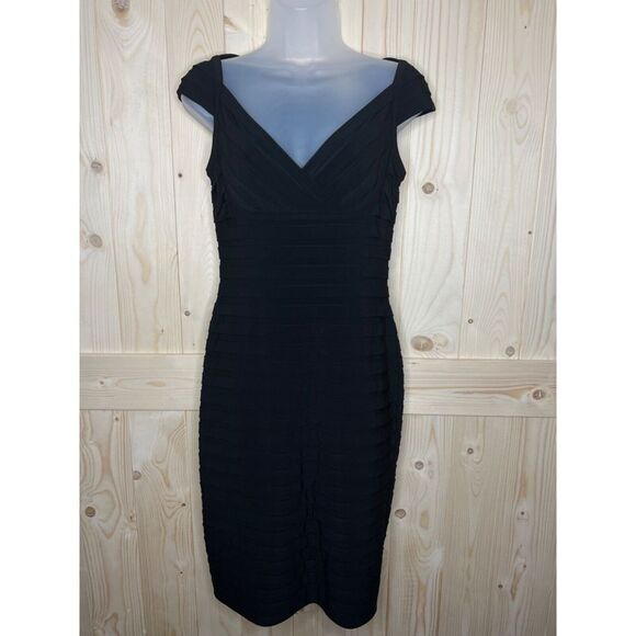 ADRIANNA PAPELL BLACK CAP SLEEVE STRETCHY KNEE LENGTH BANDAGE SHEATH DRESS 8 - Picture 1 of 12